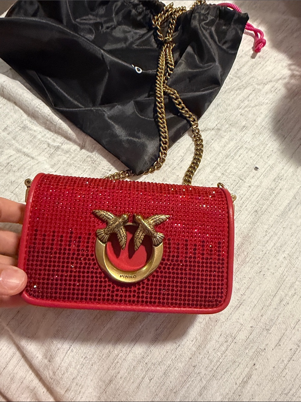 Pinko Red Crystal Crossbody with Gold Bird Ring Detail